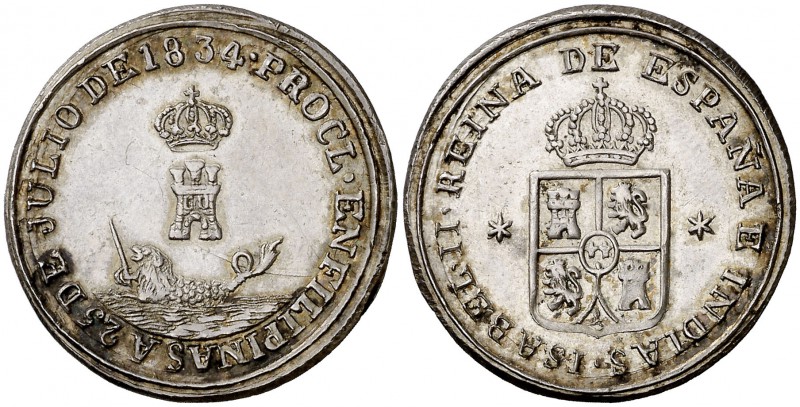 1834. Isabel II. Proclamación. Módulo 4 reales. (Ha. 62) (Basso 95). 5,87 g. Pla...