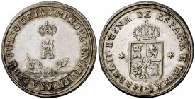 1834. Isabel II. Proclamación. Módulo 4 reales. (Ha. 62) (Basso 95). 5,87 g. Plata. 24 mm. Bellísima. Brillo original. Rara y más así. EBC.