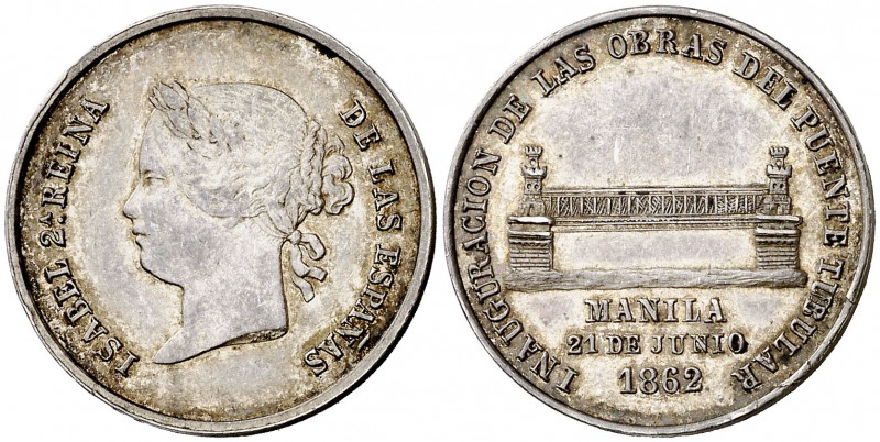 1862. Isabel II. Inauguración de las obras del Puente Tubular. (Basso 97a). 5,31...