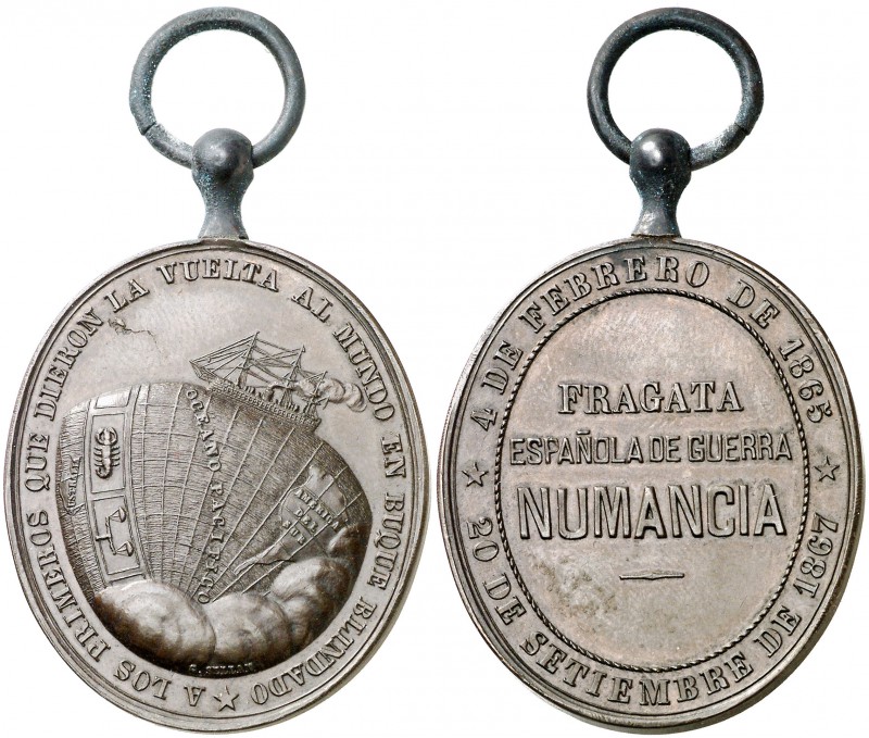 1867. Fragata española de guerra "Numancia". (Pérez Guerra 730). 23,86 g. Bronce...