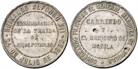 1882. Alfonso XII. Traída de aguas potables. (V. 853) (Basso 707a). 25,54 g. Bronce. 38 mm. Golpes en centro y punzonada en reverso. MBC-.