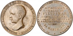 1891. Alfonso XIII. Inauguración del ferrocarril de Manila a Dagupan, primero de las Filipinas. (Basso 713a). 19,21 g. Cobre. 36 mm. Grabador: A.G. Be...
