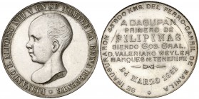 1891. Alfonso XIII. Inauguración del ferrocarril de Manila a Dagupan, primero de las Filipinas. (Basso 713a var. por metal). 18,12 g. Cobre plateado. ...