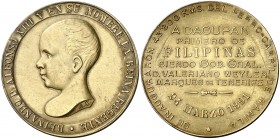 1891. Alfonso XIII. Inauguración del ferrocarril de Manila a Dagupan, primero de las Filipinas. (Basso 713a var. por metal). 18,31 g. Cobre dorado. 36...