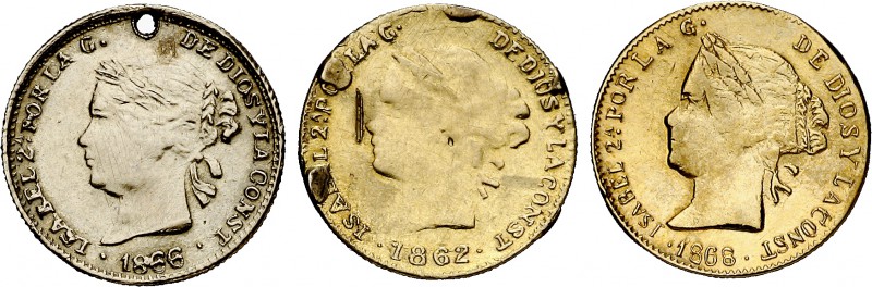 1862, 1866 y 1868. Isabel II. (Basso 375, var. de fecha). Conjunto de 3 jetones ...