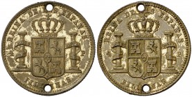 s/d. Isabel II. Manila. 3,58 g. Jetón con el reverso de 4 pesos acuñado en ambas caras, con la peculiaridad que en una de ellas los leones carecen de ...