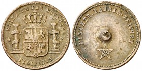 s/d. Jetón cuyo anverso imita los 4 pesos de Isabel II. 3,40 g. Golpecitos. Punto de soldadura central en reverso. (MBC-).