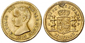 1890. Alfonso XIII. Manila. Miniatrua de la casa Lauer. Soldadura en reverso. Latón. 14 mm. 0,85 g. (MBC).