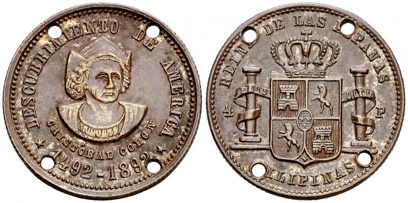 1892. Manila. Jetón. 4,20 g. Del estilo de Isabel II. Cuatro perforaciones. MBC+...