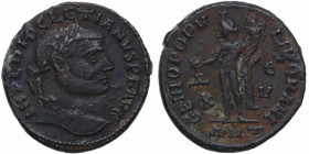 284-305 d.C. Diocleciano. Antioquía. Follis. RIC VI. Ae. 10,28 g. IMP DIOCLETIANVS P F AVG, laureado cabeza derecha / GENIO POPVLI ROMANI, Genio de pi...
