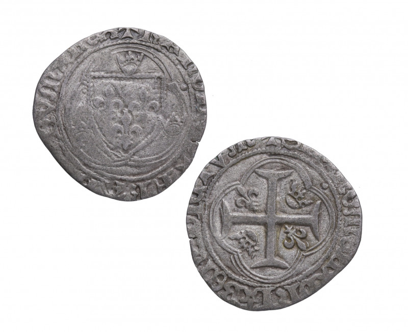 1485. Carlos VIII. Blanca a la corona. 2,18 g. Escudo de armas rodeado de 3 coro...