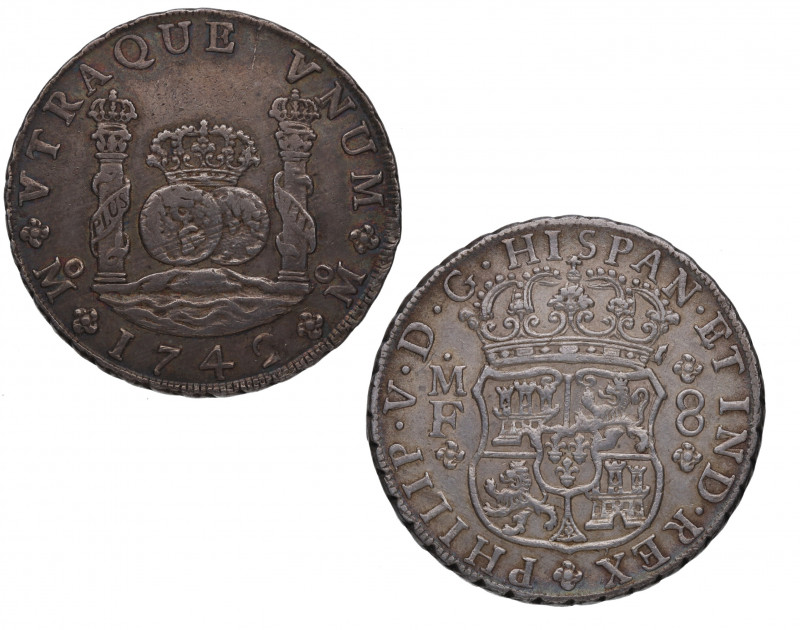 1742. Felipe V (1700-1746). México. 8 reales columnario. MF. A&C 1461. Ag. 26,94...