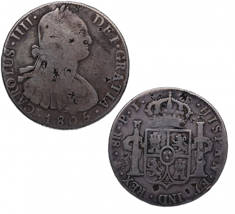 1805. Carlos IV (1788-1808). Potosí. 8 reales. PJ. Ag. 26,66 g. CHOPMARKS. MBC. ...