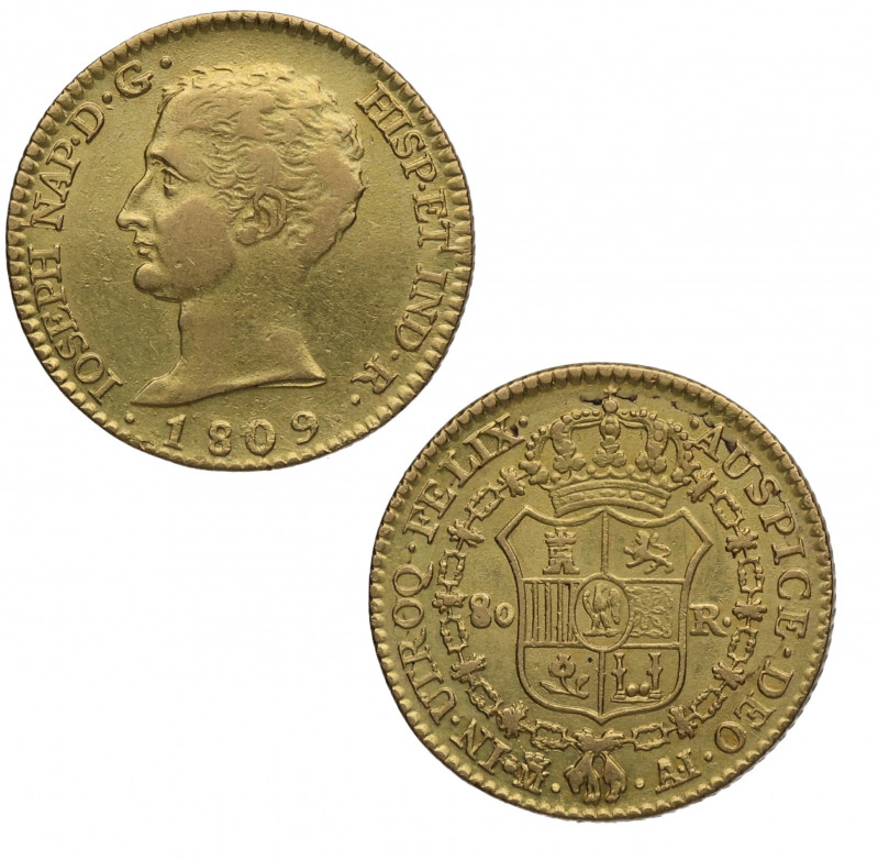 1809. José Napoleón (1808-1814). Madrid. 80 reales. AI. A&C 47. Au. 6,83 g. Atra...