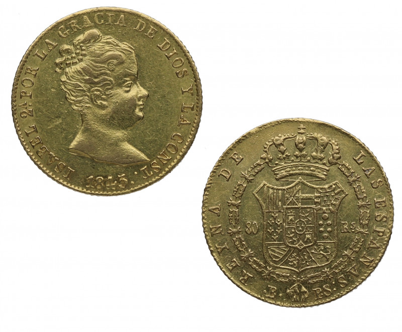 1845. Isabel II (1833-1868). Barcelona. 80 reales. PS. A&C 713. Au. 6,73 g. Bell...