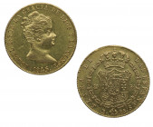 1845. Isabel II (1833-1868). Barcelona. 80 reales. PS. A&C 713. Au. 6,73 g. Bella. EBC+. Est.400.