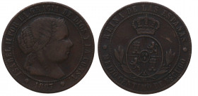 1867. Isabel II (1833-1868). Sevilla. 1/2 Céntimo de escudo. CM. A&C 211. 1,21 g. MBC-. Est.20.