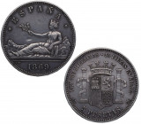 1869*69. I República (1868-1871, 1873-1874). Madrid. 5 pesetas. SNM. A&C 38. Ag. RARÍSIMA. Golpecito en anverso debajo del brazo de la matrona. MBC+ /...