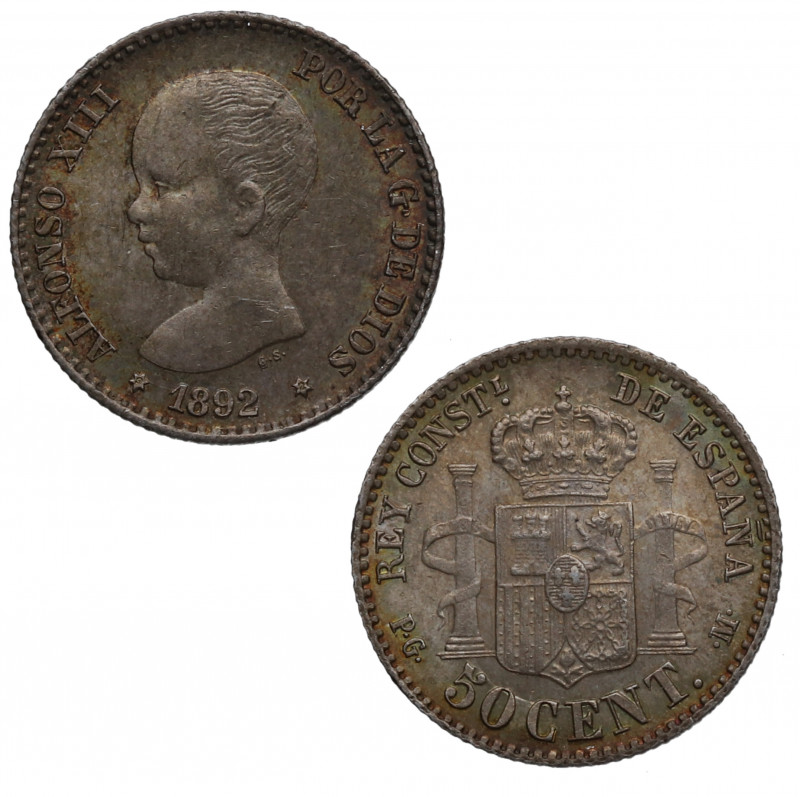 1892*92. Alfonso XIII (1886-1931). 50 Céntimos. PGM. A&C 28. Ag. 2,55 g. SC. Est...