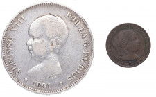 1891 Y 1868. Alfonso XIII (1886-1931) e Isabel II. 5 Pesetas y 1 Céntimo de escudo. EBC-. Est.25.