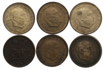 1944,47*54,1953*63 y 1963*63. Franco (1939-1975). Lote de 6 monedas de 1 peseta (1944 y 1947*54, 1953*63 Error en canto y 3 de 1963*63. MBC+ a SC. Est...