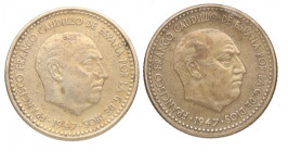 1947*49 y *53. Franco (1939-1975). 2 monedas de1 peseta. Cu-Ni. EBC. Est.30.