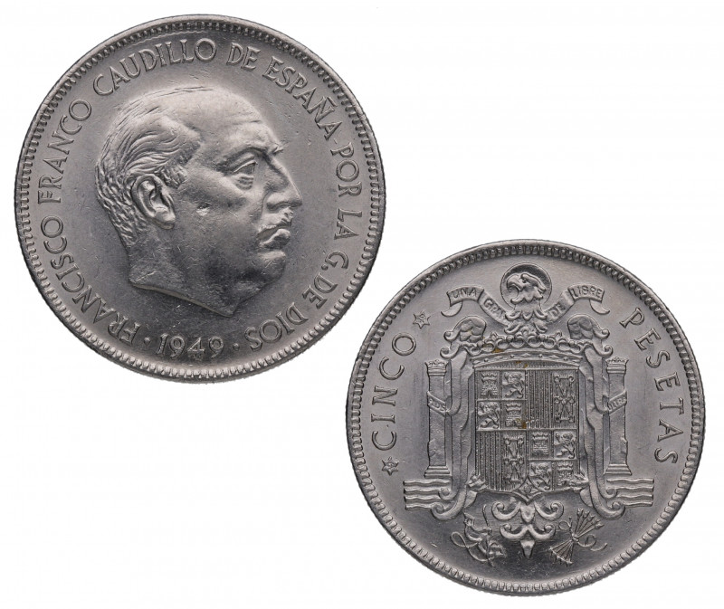 1949*49. Franco (1939-1975). 5 Pesetas. A & C 94. ERROR: Gran exceso de metal en...