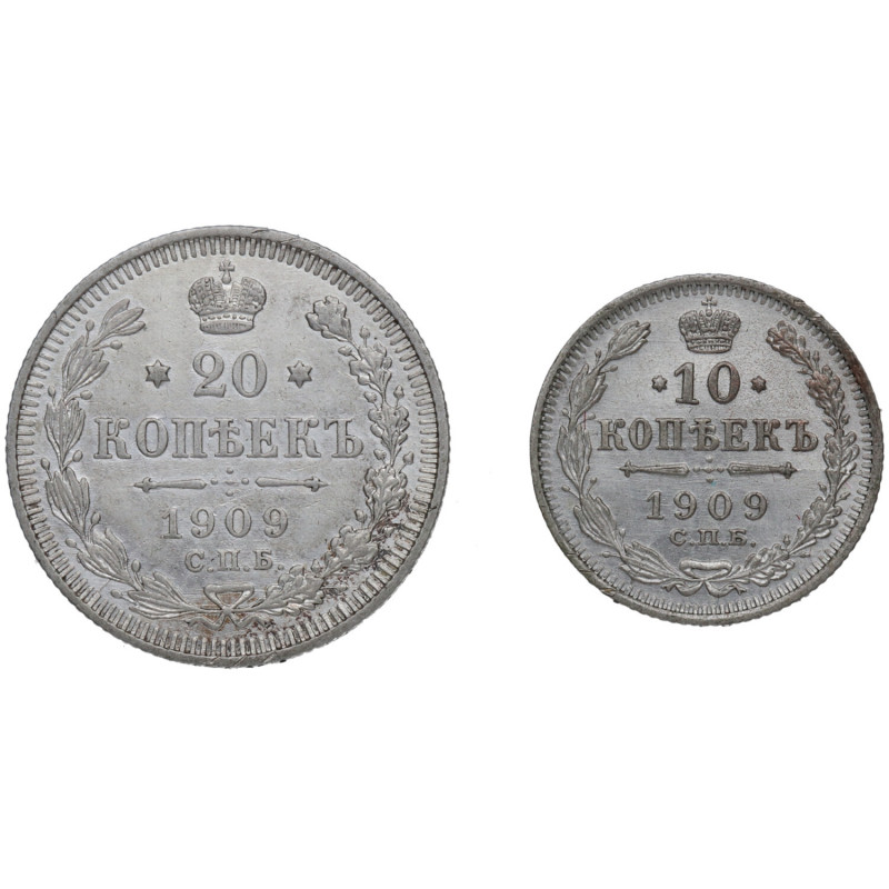 1909. Rusia. 20 y 10 Kopeks. Ni. EBC. Est.60.