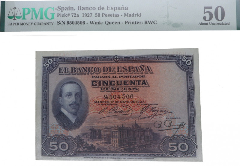 1927. Alfonso XIII (1886-1931). Madrid. 50 Pesetas. Pick# 72a. Encapsulado en PM...