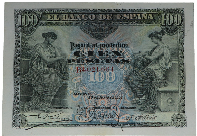 1906. Alfonso XIII (1886-1931). Alegorías. 100 pesetas. Serie B. Planchado. Dobl...