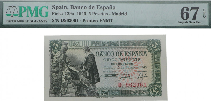 1945. Estado Español (1936-1975). Madrid. 5 Pesetas. Pick# 129a. Encapsulado en ...