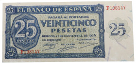 1936. Estado Español (1936-1975). Burgos. 25 pesetas. F108147. Leve doblez central, casi imperceptible. EBC+. Est.100.