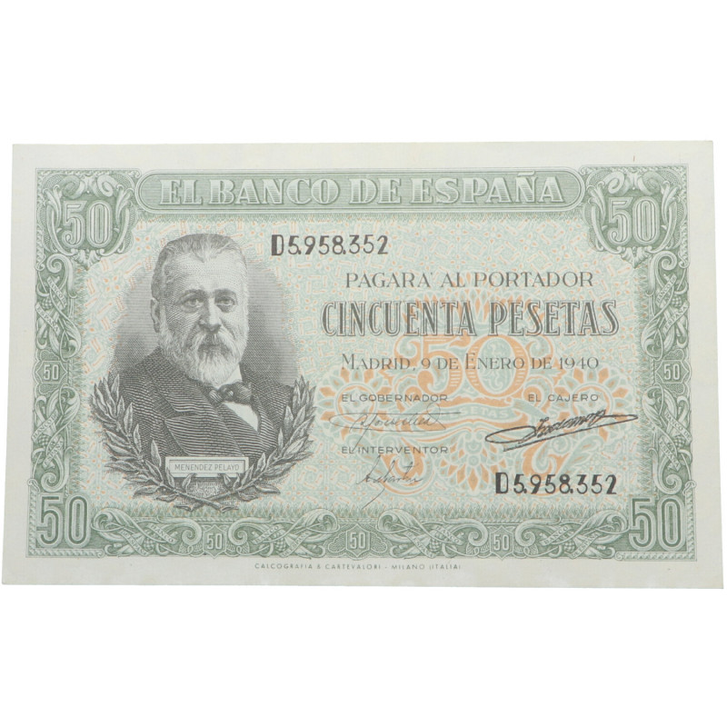 1940. Estado Español (1936-1975). 50 Pesetas. Leve doblez central. EBC. Est.40.