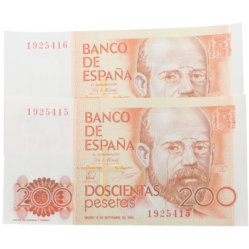 1980. Juan Carlos I (1975-2014). Sin serie. Pareja correlativa 200 pesetas. Pick...