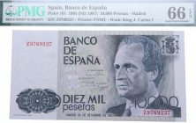 1985. Juan Carlos I (1975-2014). 10000 Pesetas. Pick# 161, Ed-344. Encapsulado por PMG en 66 EPQ . SC. Est.100.