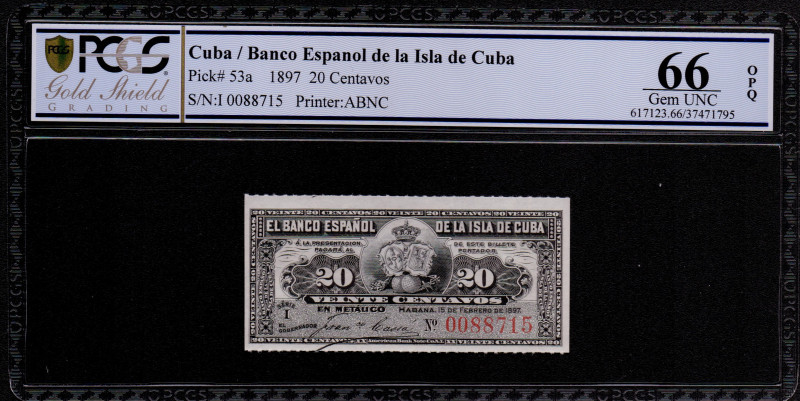 1897. Cuba. 20 Centavos. Pick 53a. Encapsulado en PCGS 66 OPQ. SC. Est.70.