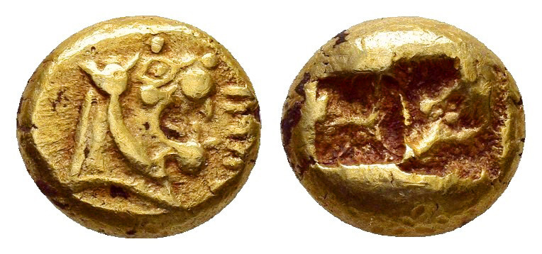 KINGS of LYDIA. Alyattes.(Circa 610-560 BC).EL Hekte.

Obv : WALWEL.
Head of ...