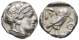 ATTICA. Athens.(Circa 454-404 BC).Tetradrachm.

Obv : Helmeted head of Athena right.

Rev : AΘE.
Owl standing right, head facing; olive sprig and cres...