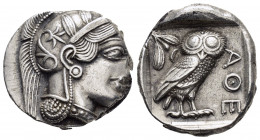ATTICA. Athens.(Circa 454-404 BC).Tetradrachm.

Obv : Helmeted head of Athena right.

Rev : AΘE.
Owl standing right, head facing; olive sprig and cres...