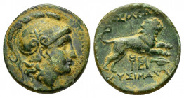 KINGS of THRACE.Lysimachos.(305-281 BC).Ae.

Obv : Head of Athena right, wearing crested Attic helmet.

Rev : ΒΑΣΙΛΕΩΣ ΛΥΣΙΜΑΧΟΥ.
Lion leaping right, ...
