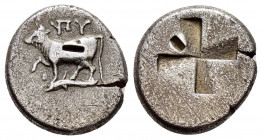 THRACE.Byzantion.(387-340 BC).Drachm.

Obv : Bull on dolphin.

Rev : Quadripartite incuse square. 
SNG Blacksea 9.

Condition : Test cuts in both side...