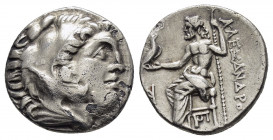 KINGS of MACEDON.Alexander III.(336-323 BC).Teos.Drachm.

Obv : Head of Herakles right, wearing lion skin.

Rev : AΛEΞANΔPOY.
Zeus seated left on low ...