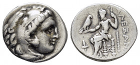 KINGS of MACEDON.Alexander III.(336-323 BC).Sardes.Drachm.

Obv : Head of Herakles right, wearing lion skin.

Rev : AΛEΞANΔPOY.
Zeus seated left with ...