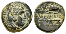 KINGS of MACEDON.Alexander III.The Great.(336-323 BC).Uncertain.Ae.

Obv : Head of Herakles right, wearing lion skin.

Rev : AΛEΞANΔPOY.
Club and bow ...