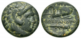 KINGS of MACEDON.Alexander III.(336-323 BC). Uncertain in Macedon.Ae.

Obv : Head of Herakles right, wearing lion skin.

Rev : AΛEΞANΔPOY.
Club and bo...