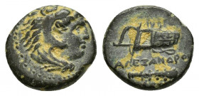 KINGS of MACEDON.Alexander III.(336-323 BC).Uncertain.Ae.

Obv : Head of Herakles right, wearing lion skin.

Rev : ΑΛΕΞΑΝΔΡΟΥ.
Club and bow in bowcase...