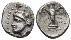 PONTUS. Amisus.(Circa 400-300 BC).Drachm.

Obv : Head of Hera left, wearing stephane.

Rev : Owl standing facing, wings spread, standing on shield .
S...