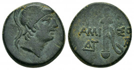PONTOS.Amisos.Time of Mithradates VI.(Circa 111-90 BC).Ae.

Obv : Helmeted head of Ares to right.

Rev : AMI-ΣOY.
Sword in sheath; monogram to le...