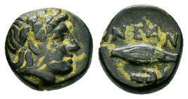 TROAS.Neandreia.( 4th Century BC).Ae.

Obv : Laureate head of Apollo right.

Rev : NEAN.
Grain-ear above bunch of grapes.
SNG Copenhagen 448.

Conditi...