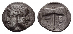 TROAS.Tenedos.(Circa 500-400 BC).Obol.

Obv : Janiform head, female on left, male on right.

Rev : T-E.
Double axe within incuse square.
SNG Munchen 3...